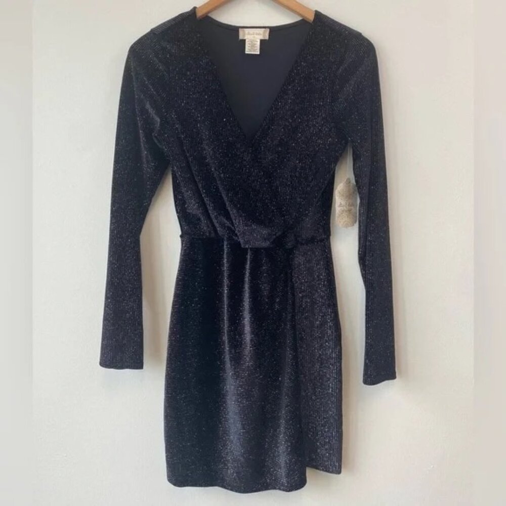 Altar'd State Shimmering Black Stretch Velvet Long Sleeve Mini Dress